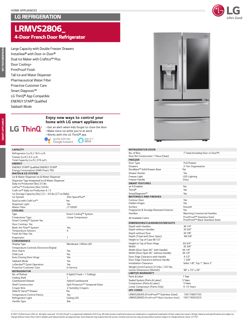 Page 1 de la notice Fiche technique LG LRMVS2806D