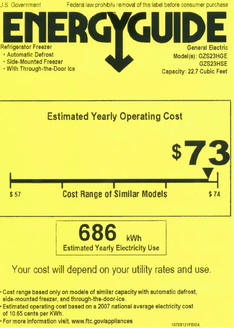 Page 1 de la notice Label énergétique GE GZS23HWW