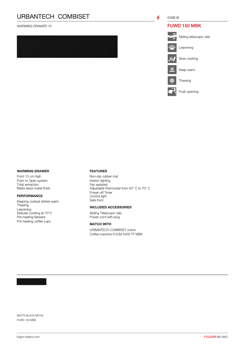 Página 1 del manual Ficha técnica Fulgor Milano FUWD 150 MBK