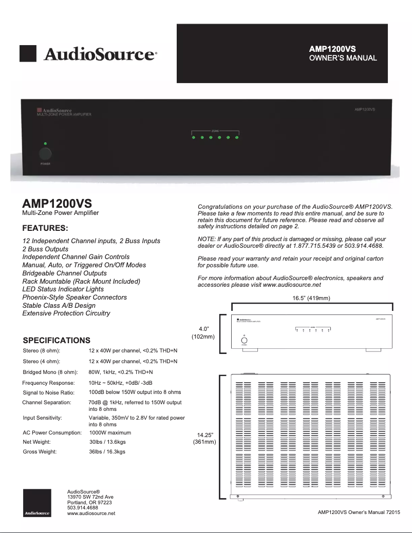 Image de la première page du manuel de l'appareil AMP1200VS