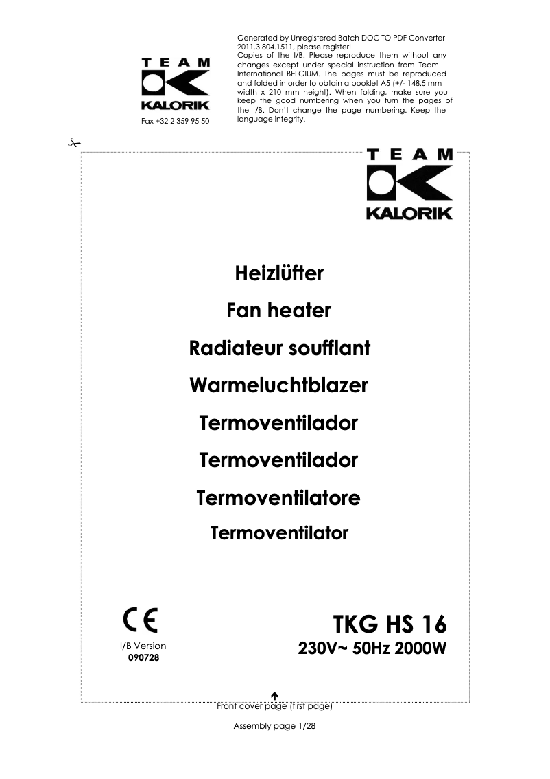 Page 1 de la notice Manuel utilisateur Kalorik TKG HS 16