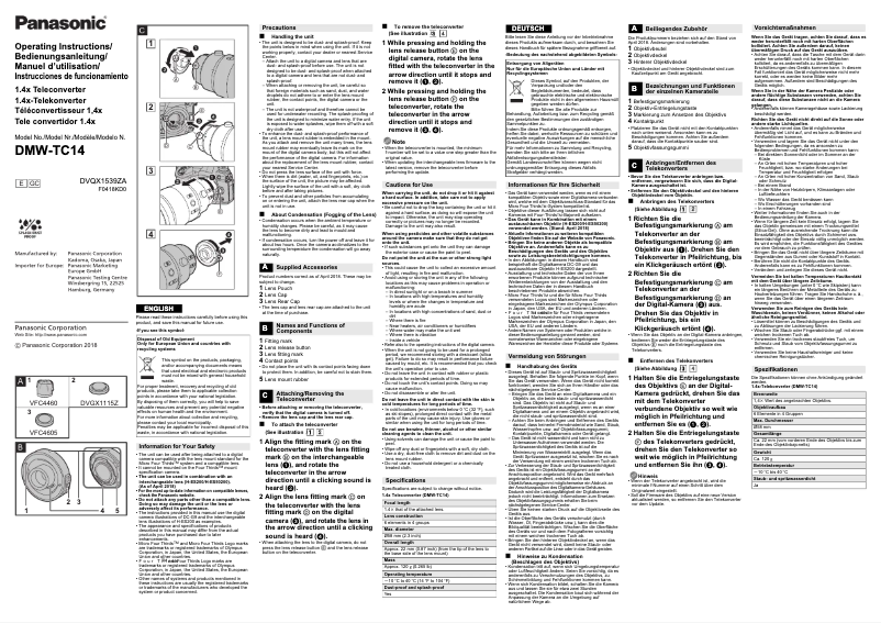 Page n°1 - Manuel utilisateur Panasonic DMW-TC14