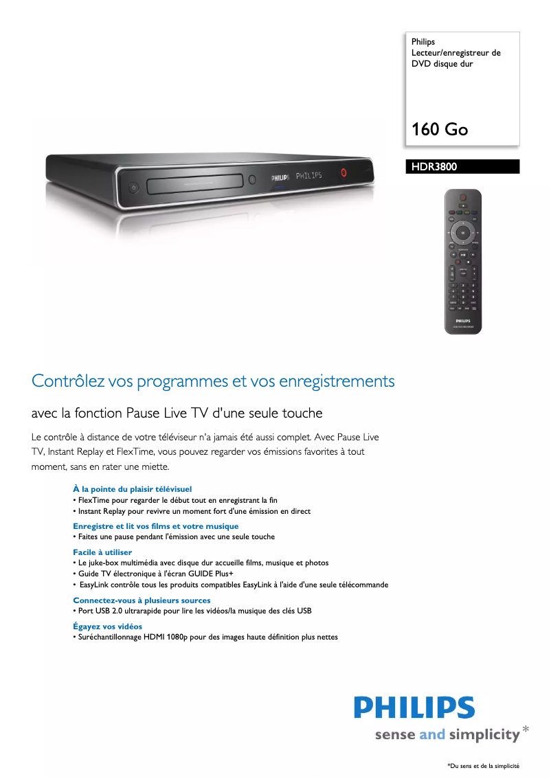 Page 1 of the manual Technical Sheet Philips HDR3800