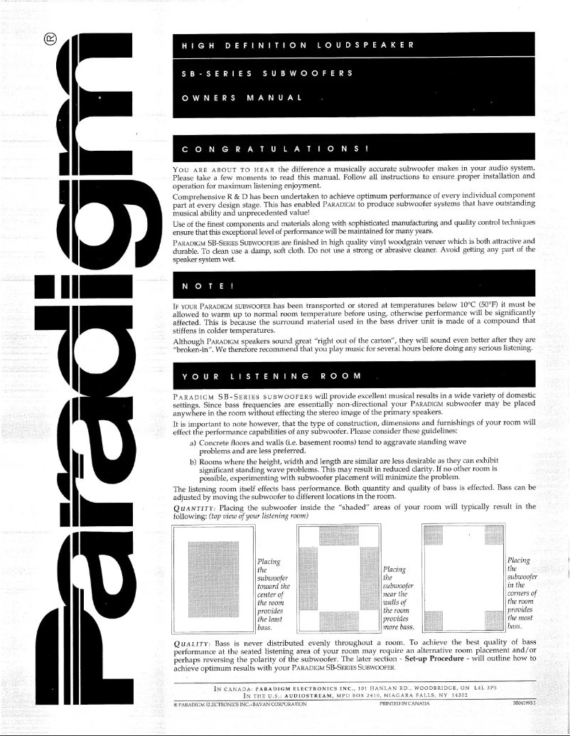Page 1 de la notice Manuel utilisateur Paradigm SB-90