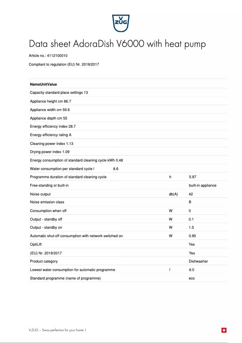 Page 1 de la notice Fiche technique V-Zug AdoraDish V6000 with heat pump