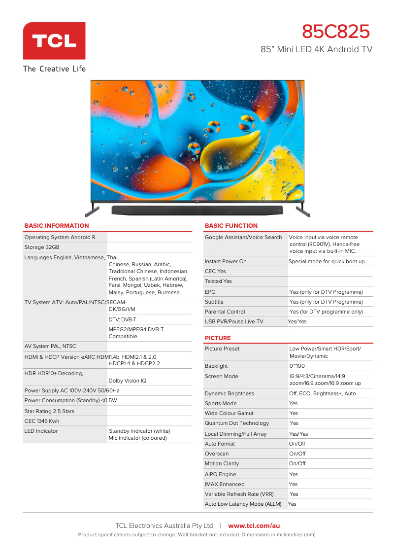Página 1 del manual Ficha técnica TCL 85C825