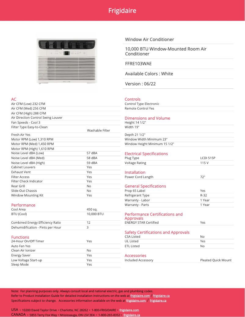 Page 1 de la notice Fiche technique Frigidaire FFRE103WA1