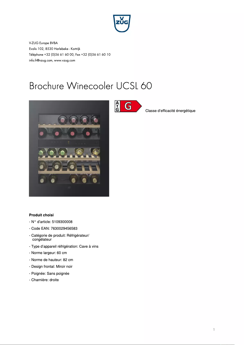 Page n°1 - Brochure V-Zug Winecooler UCSL 60
