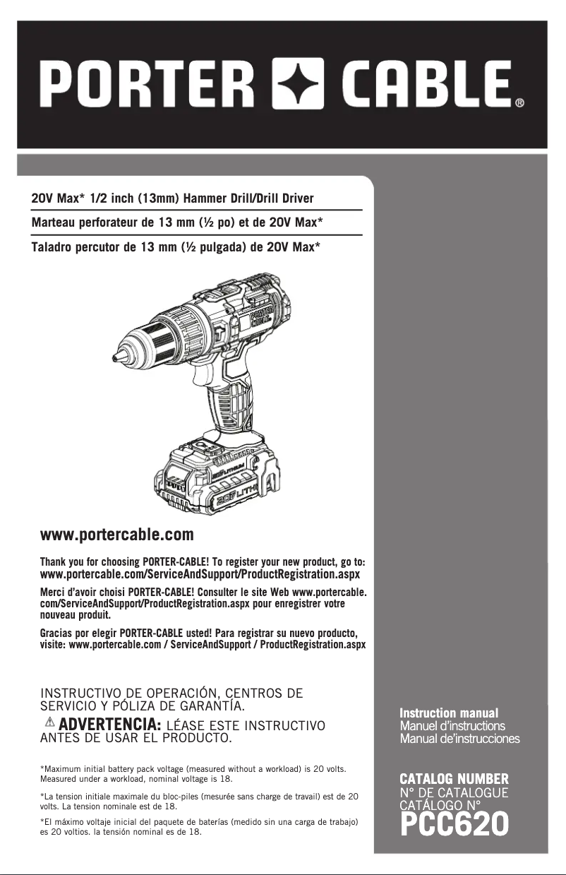 Page n°1 - Manuel utilisateur Porter-Cable PCC620LB