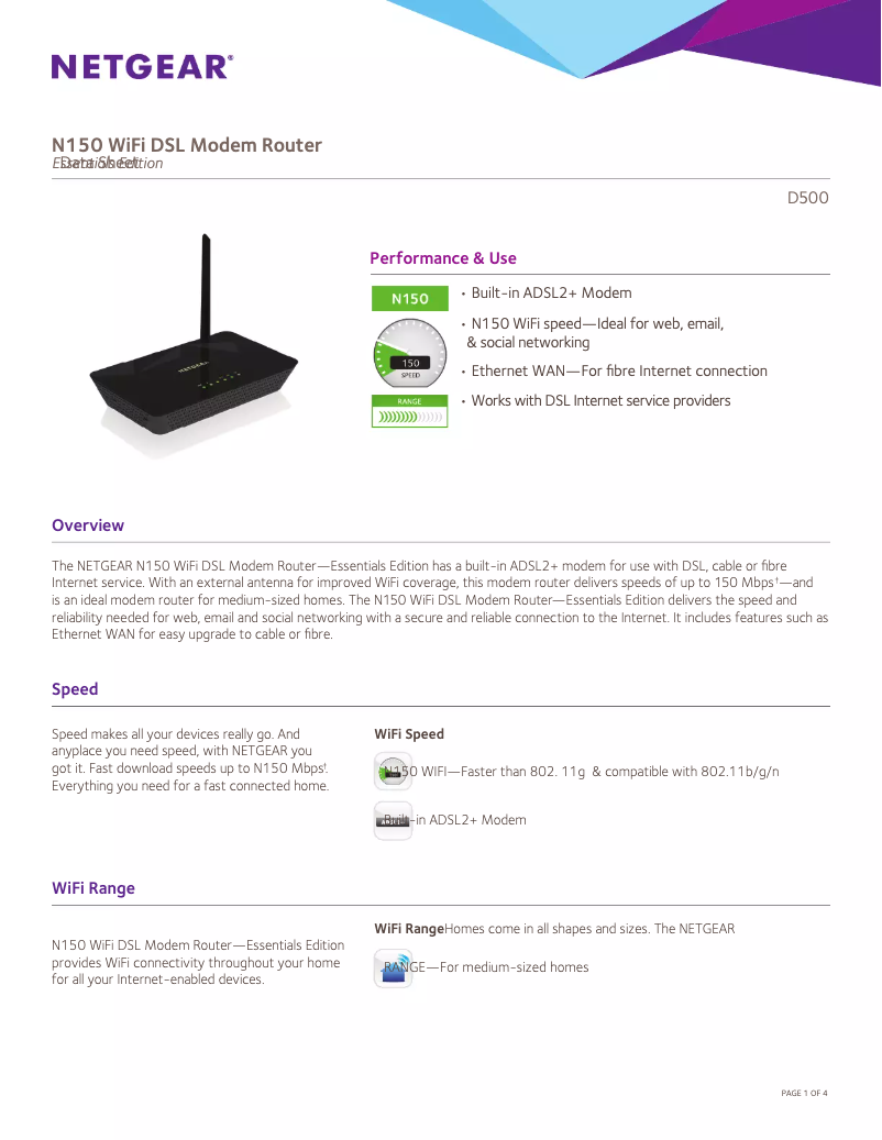 Page 1 de la notice Fiche technique Netgear D500