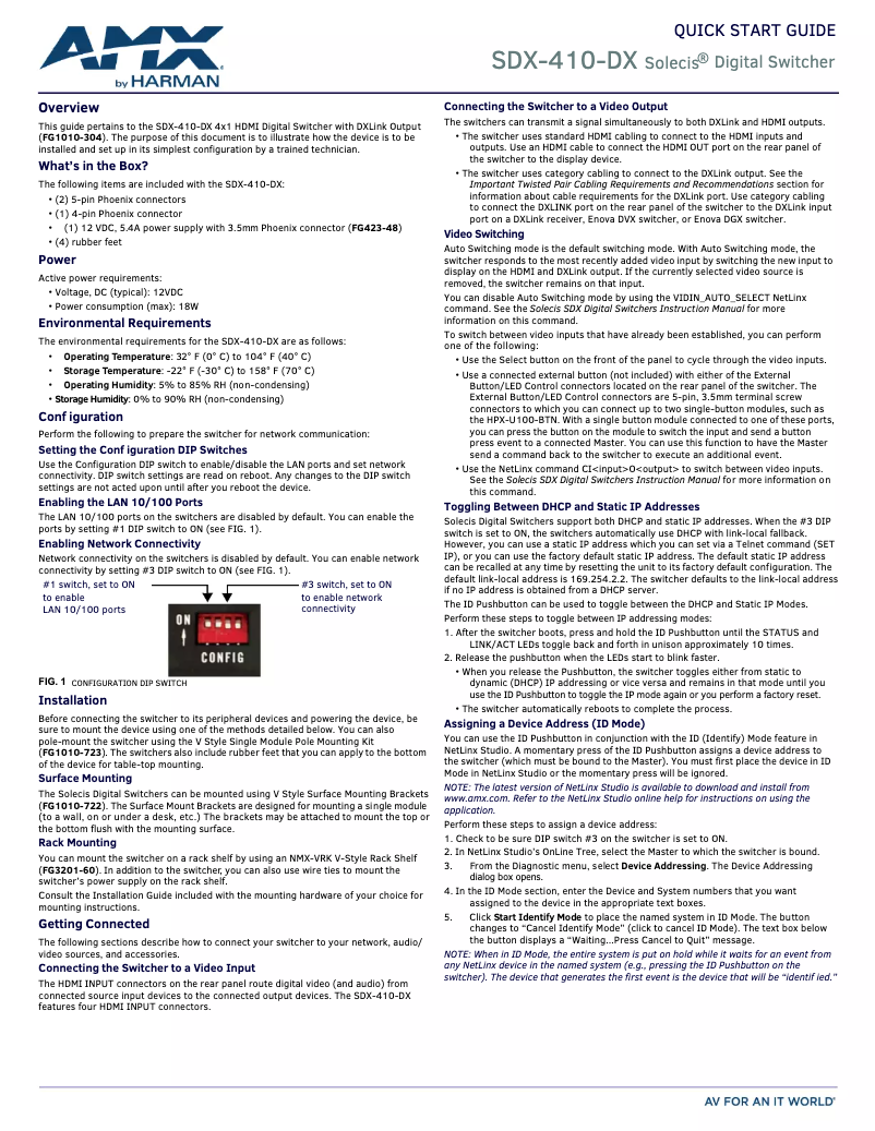 Page 1 de la notice Guide de démarrage rapide AMX SDX-410-DX