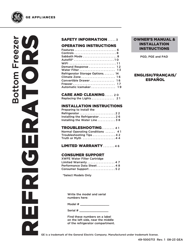 Page 1 de la notice Manuel d'utilisation et d'entretien GE PGE29BYTFS