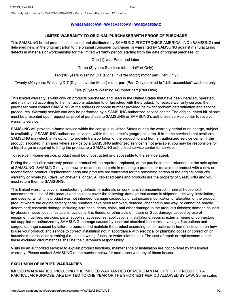 Página 1 del manual Información de garantía Samsung WA52A5500AV