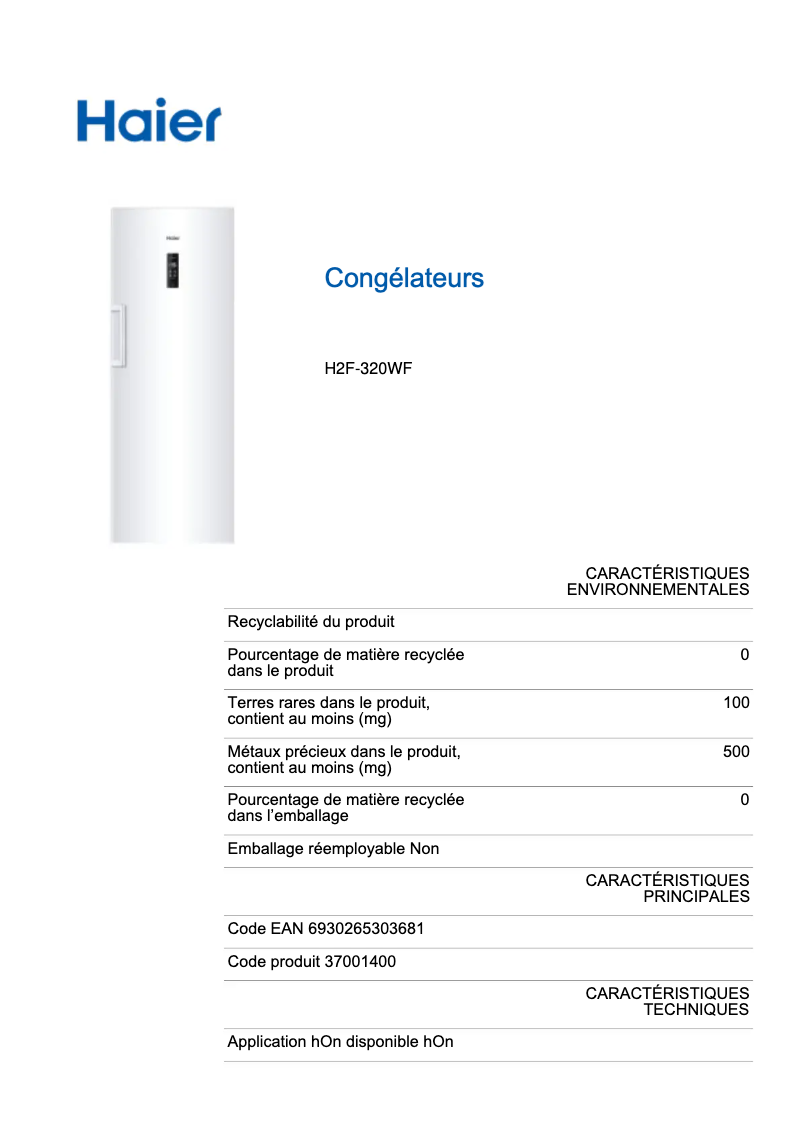 Page n°1 - Label énergétique Haier H2F-320WF