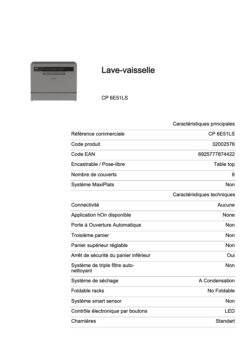 Page 1 de la notice Fiche technique Candy CP 6E51LS