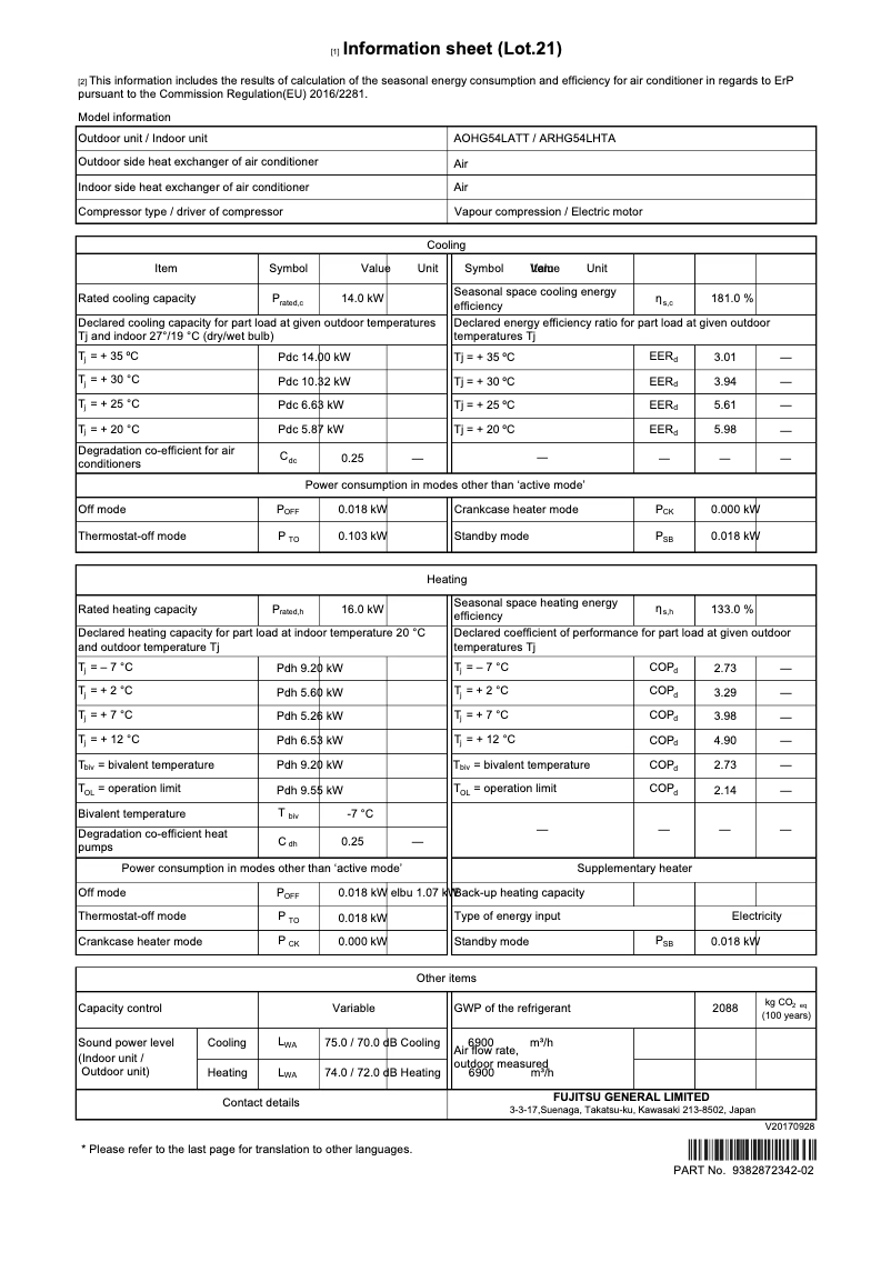 Page 1 de la notice Fiche technique Fujitsu AOHG54LATT