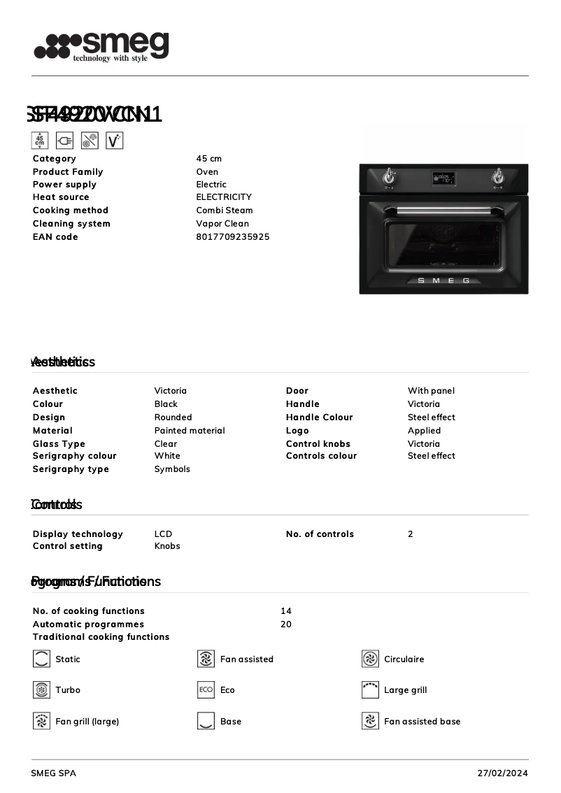 Página 1 del manual Ficha técnica Smeg SF4920VCN1