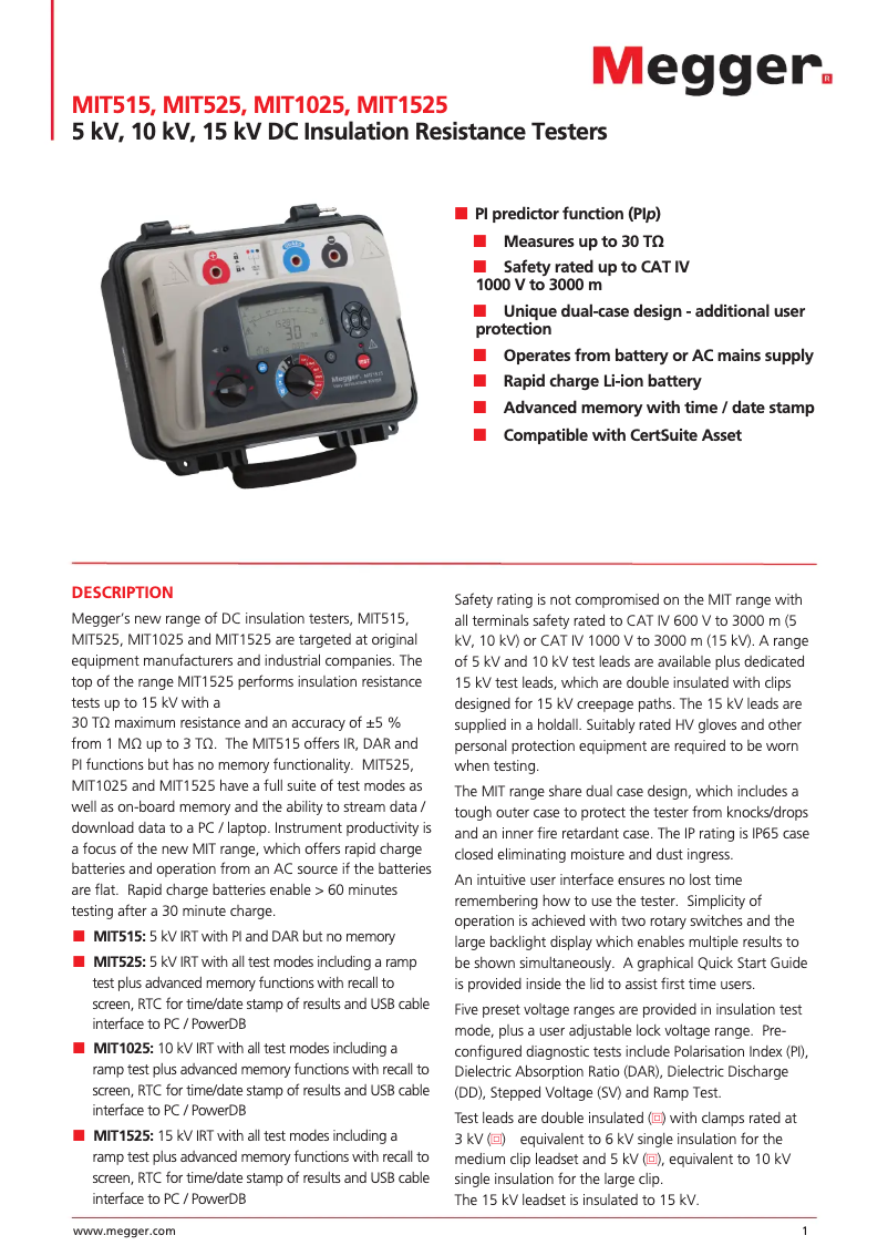 Page 1 de la notice Fiche technique Megger MIT1025