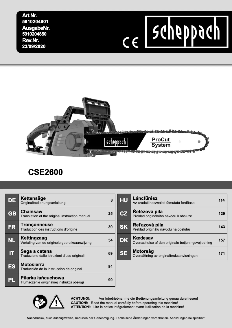 Page 1 de la notice Manuel utilisateur Scheppach CSE2600