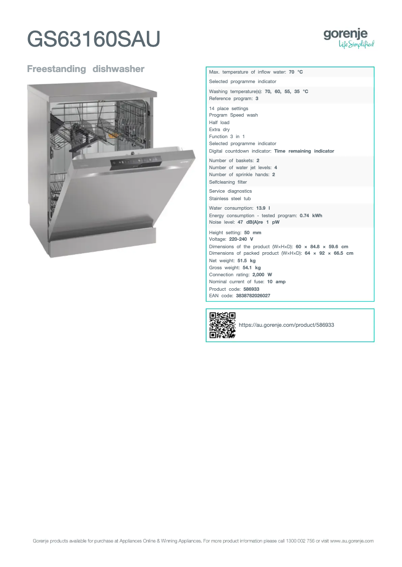 Page n°1 - Fiche technique Gorenje GS63160SAU