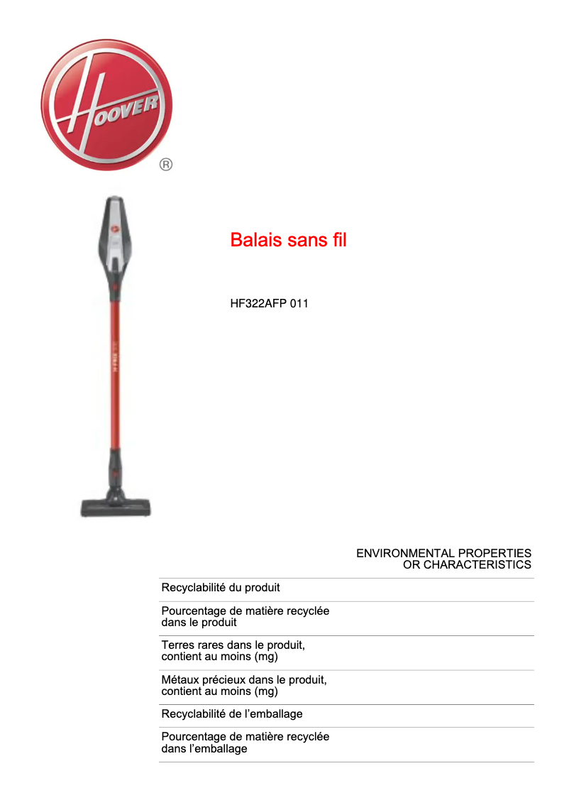 Page n°1 - Fiche technique Hoover H-FREE 300 HF322AFP 011