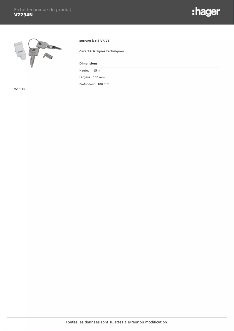 Page n°1 - Fiche technique Hager VZ794N