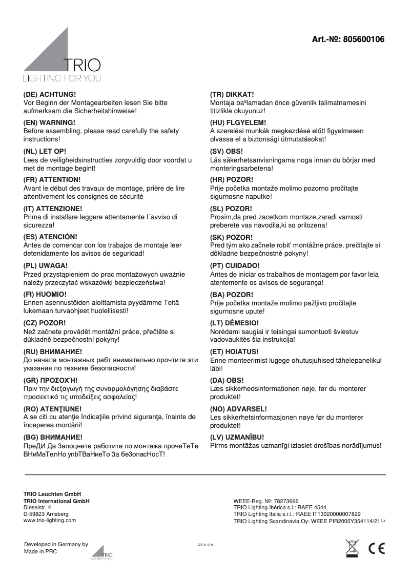 Page n°1 - Manuel utilisateur Trio Lighting Kolani 805600106