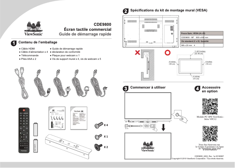 Page 1 de la notice Guide de démarrage rapide Viewsonic CDE9800