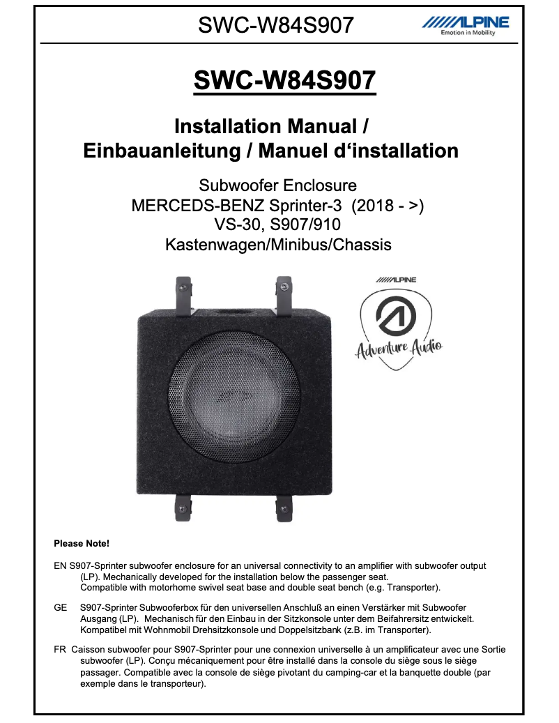 Page 1 de la notice Manuel utilisateur Alpine SWC-W84S907