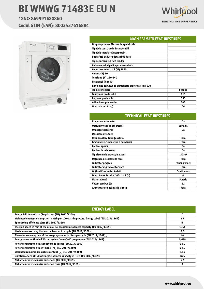 Página 1 del manual Ficha técnica Whirlpool BI WMWG 71483E EU N