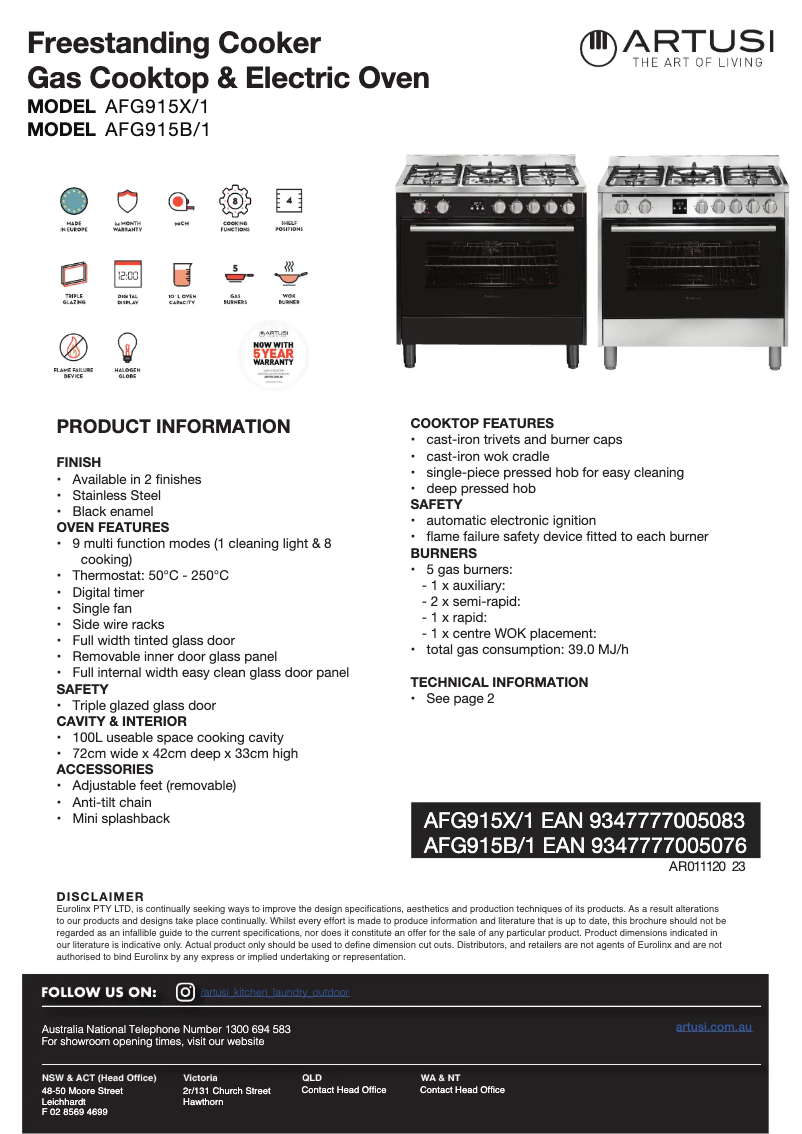 Page 1 of the manual Technical Sheet Artusi AFG915X/1
