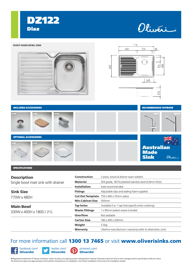 Page 1 de la notice Fiche technique Oliveri DZ122