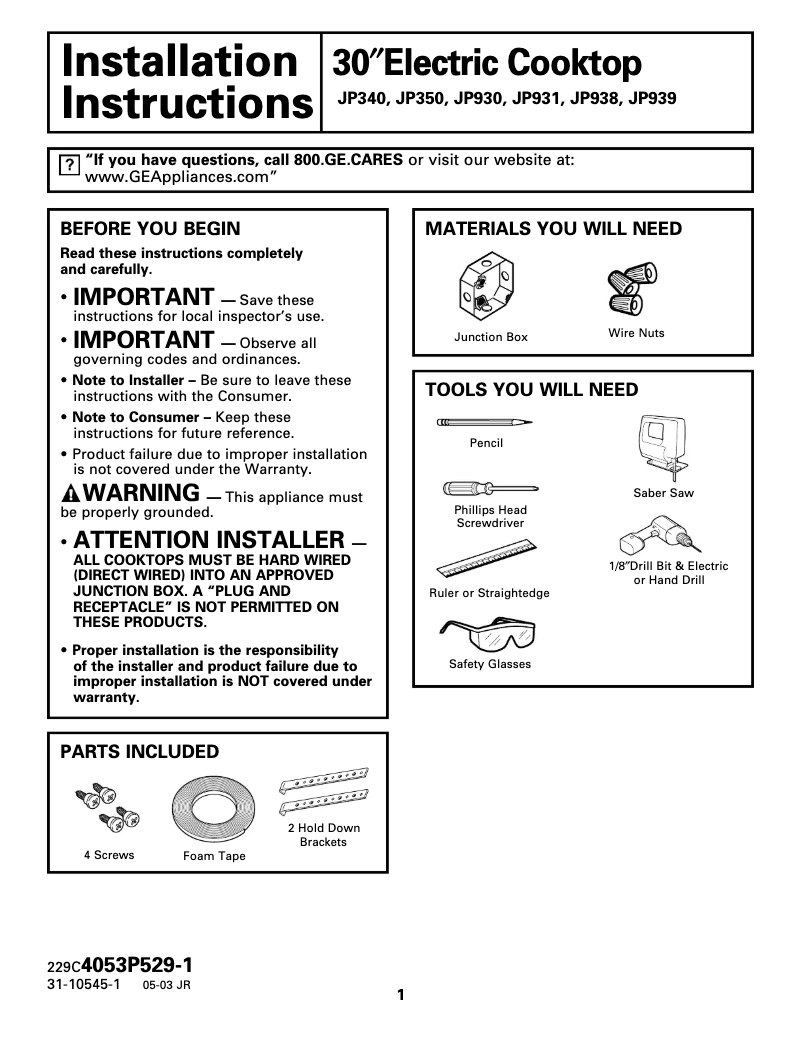 First page image of the manual for Profile JP930TCWW