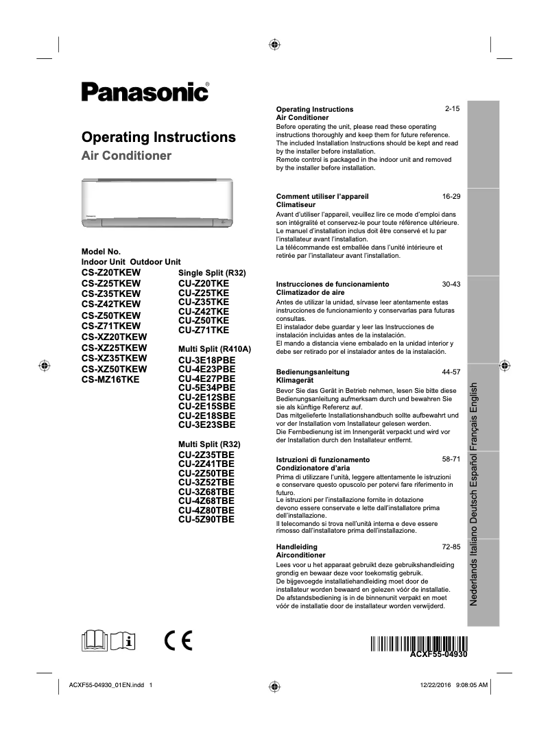 Page 1 de la notice Manuel utilisateur Panasonic CS-XZ50TKEW