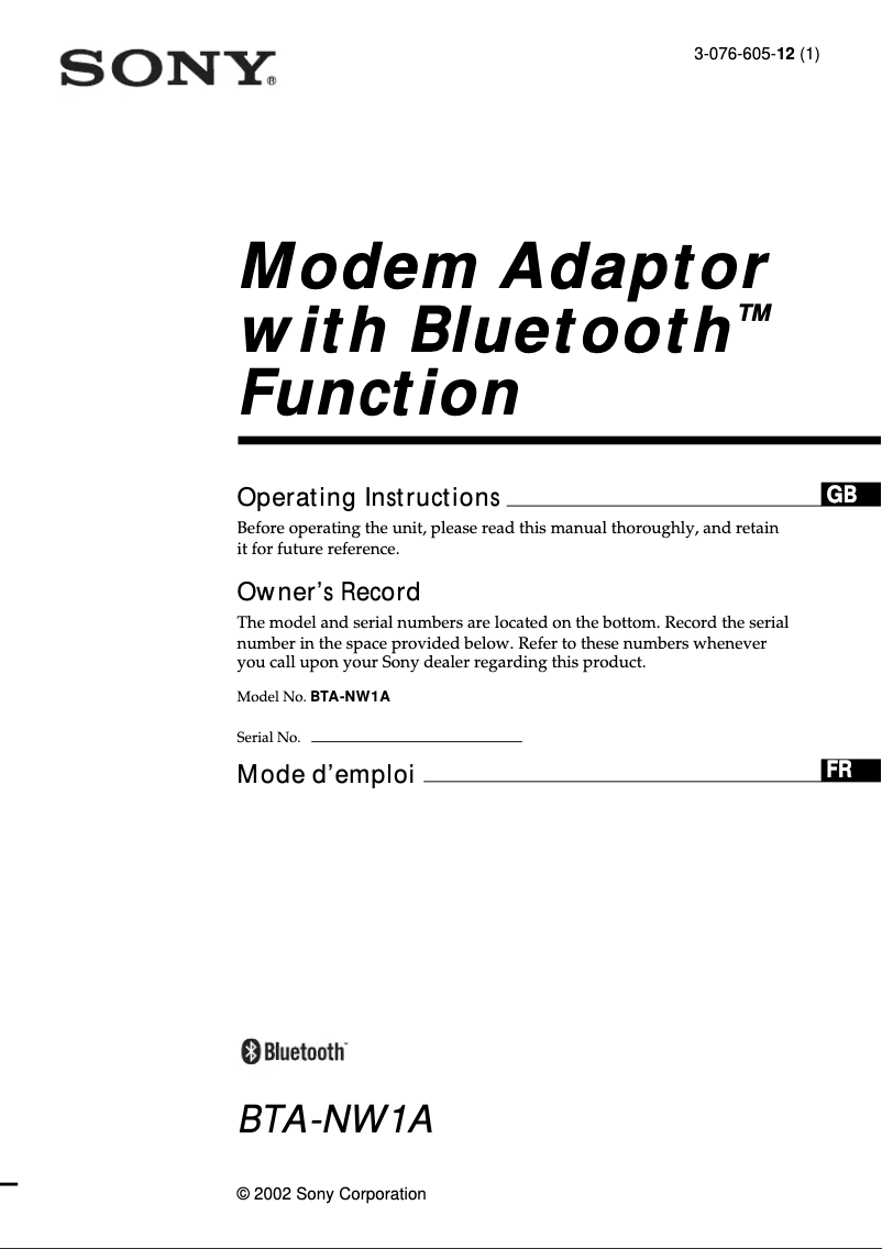 Page 1 de la notice Manuel utilisateur Sony BTA-NW1A