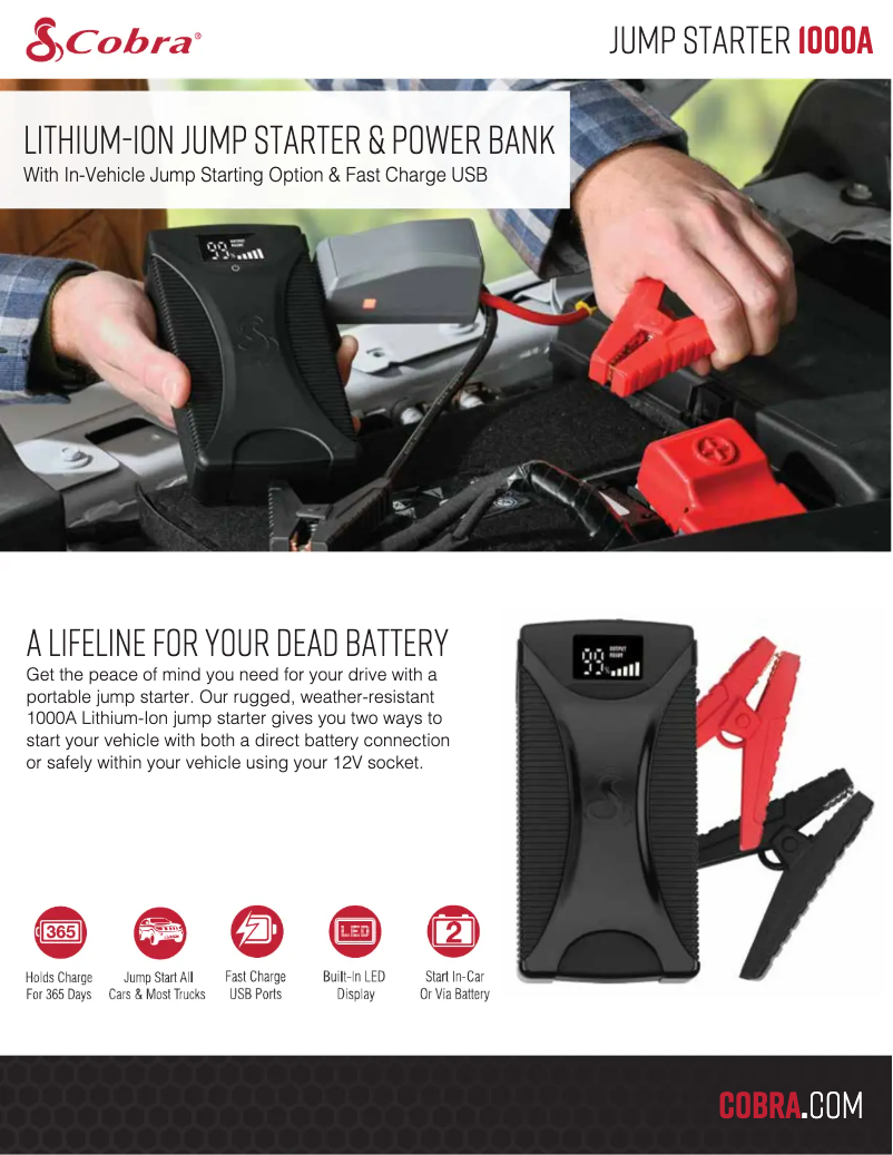 Page 1 de la notice Fiche technique Cobra Jump Starter 1000A