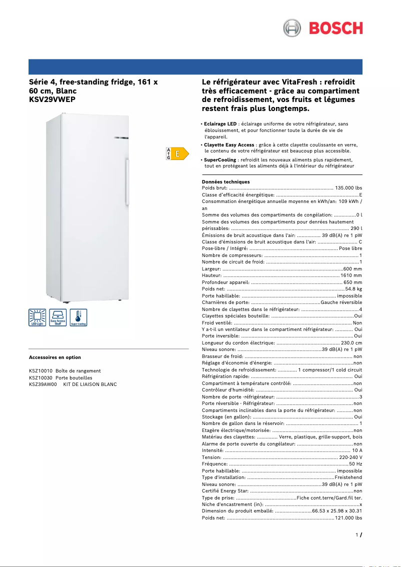 Page 1 de la notice Fiche technique Bosch KSV29VWEP
