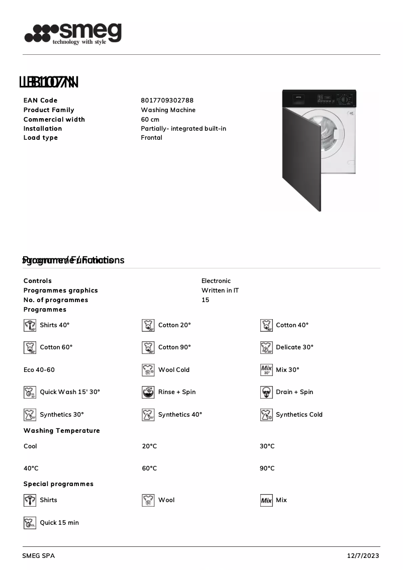 Page 1 de la notice Fiche technique Smeg LB107N