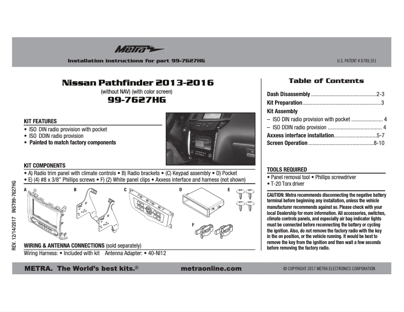 Page 1 de la notice Manuel utilisateur Metra 99-7627HG