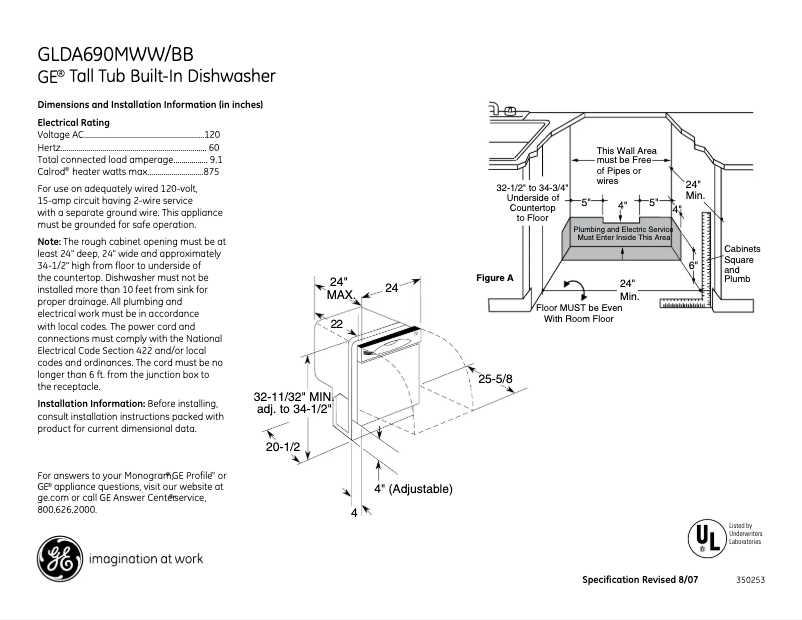 Page 1 de la notice Fiche technique GE GLDA690MWW