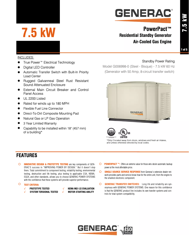 Page n°1 - Fiche technique Generac Powerpact 7KW