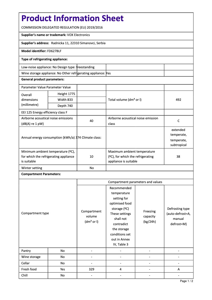 Page 1 de la notice Fiche technique VOX FD627BLF