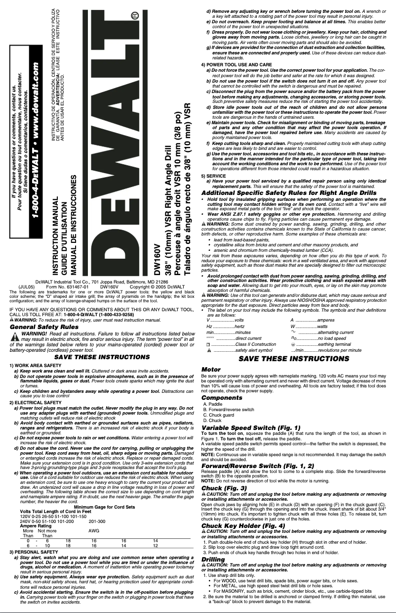 Page 1 de la notice Manuel d'utilisation et d'entretien DeWalt DW160V