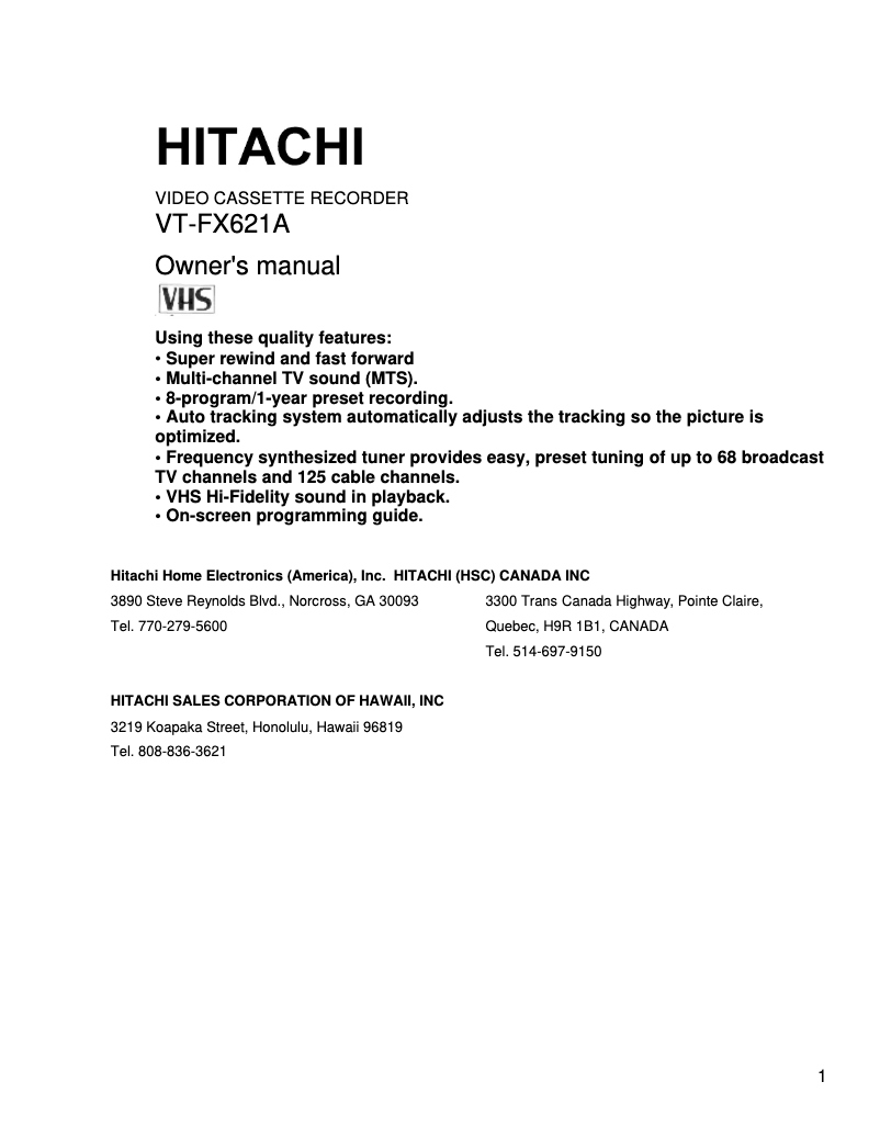 Page 1 de la notice Manuel utilisateur Hitachi VT-FX621A