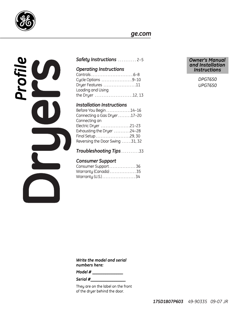 Page n°1 - Manuel utilisateur GE UPGT650EHMG