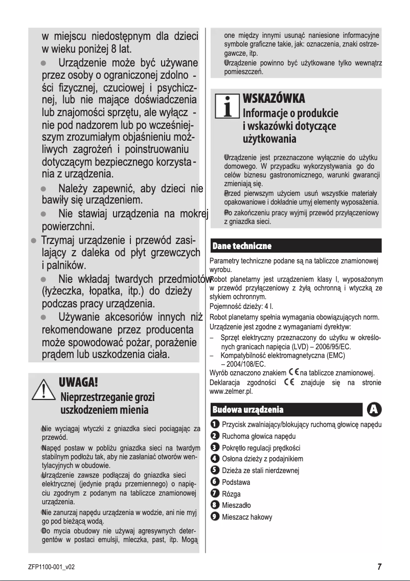Page 1 de la notice Manuel utilisateur Zelmer ZFP1100C