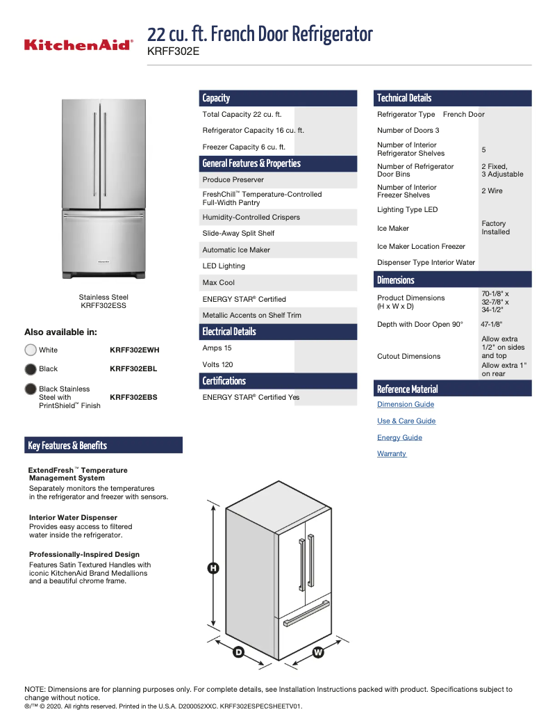 Page 1 de la notice Fiche technique KitchenAid KRFF302EBL
