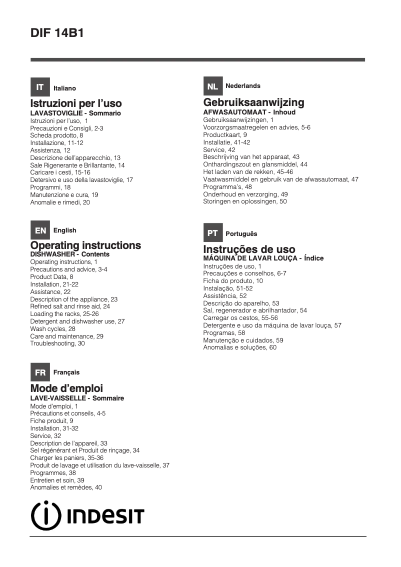 Page 1 de la notice Manuel utilisateur Indesit DIF 14B1