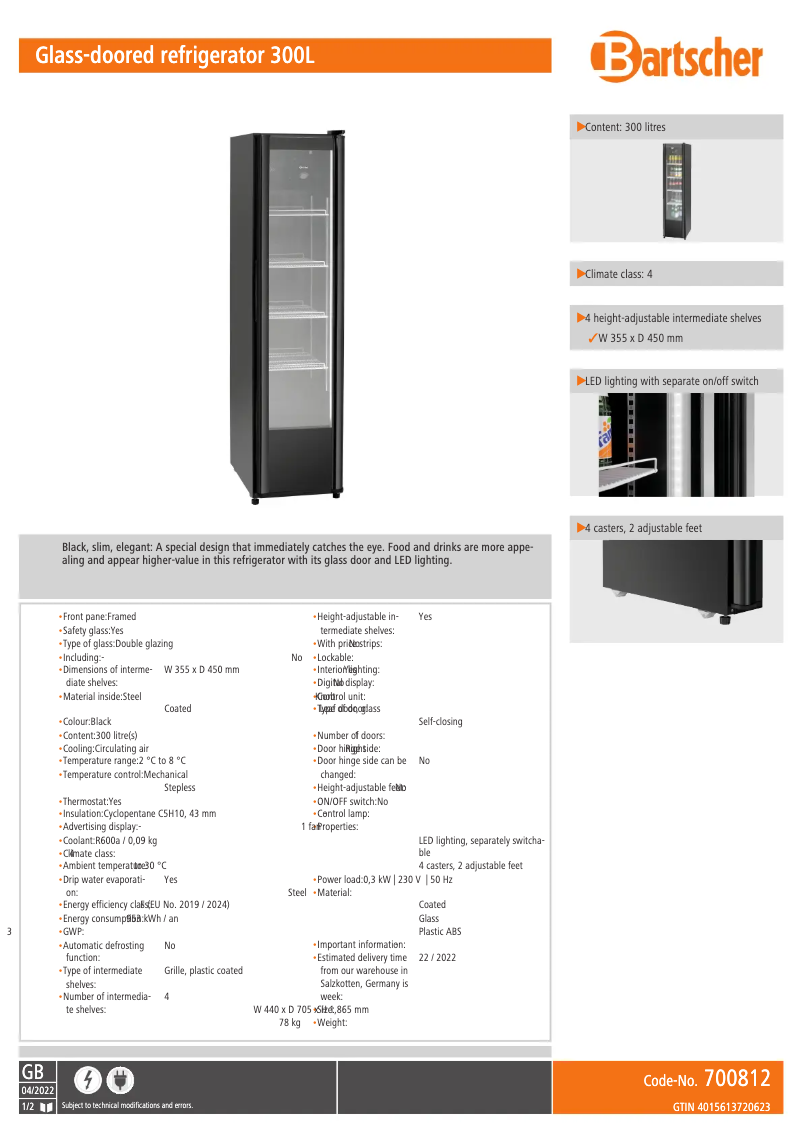 Page 1 de la notice Fiche technique Bartscher 700812