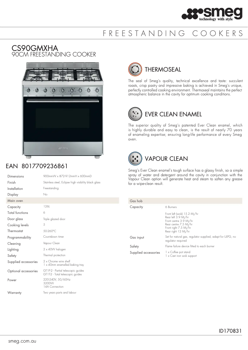 Page 1 de la notice Fiche technique Smeg CS90GMXHA